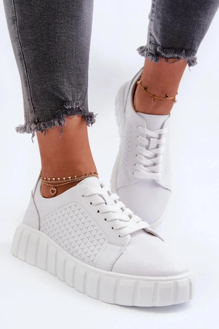 Damskie Evento Skórzane Sneakersy Damskie Na Platformie Białe Eselmarie