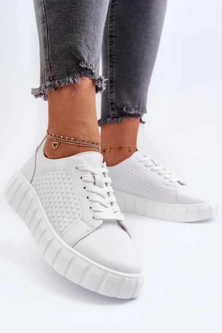 Damskie Evento Skórzane Sneakersy Damskie Na Platformie Białe Eselmarie