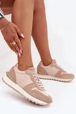 Big Star Shoes Buty Sportowe Big Star|Sneakersy Damskie*Skórzane Sneakersy Damskie Big Star OO274521 HI-POLY SYSTEM Nude Beżowy