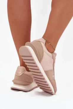 Big Star Shoes Buty Sportowe Big Star|Sneakersy Damskie*Skórzane Sneakersy Damskie Big Star OO274521 HI-POLY SYSTEM Nude Beżowy