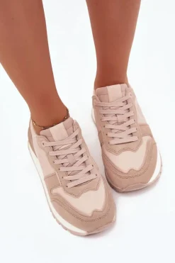 Big Star Shoes Buty Sportowe Big Star|Sneakersy Damskie*Skórzane Sneakersy Damskie Big Star OO274521 HI-POLY SYSTEM Nude Beżowy