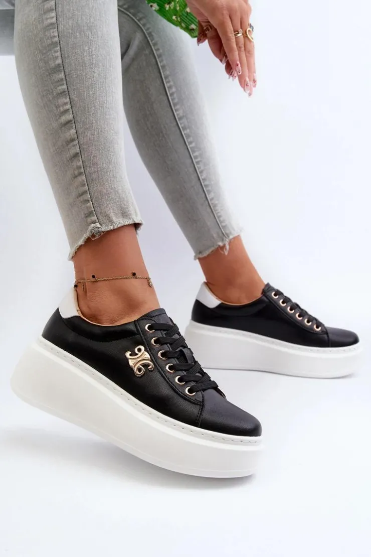Boto Sneakersy Damskie*Skórzane Sneakersy Damskie Na Platformie Czarne Pernalia