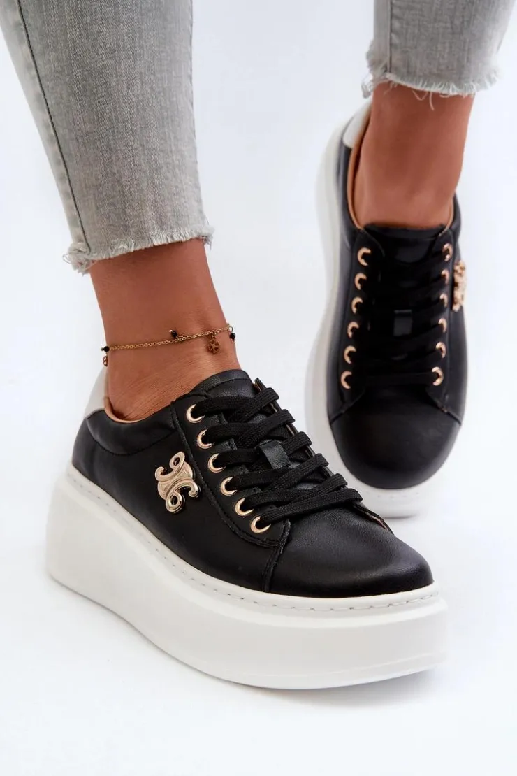 Boto Sneakersy Damskie*Skórzane Sneakersy Damskie Na Platformie Czarne Pernalia