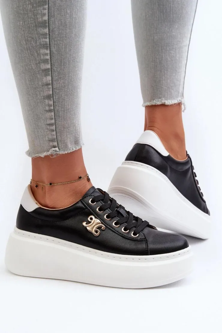 Boto Sneakersy Damskie*Skórzane Sneakersy Damskie Na Platformie Czarne Pernalia