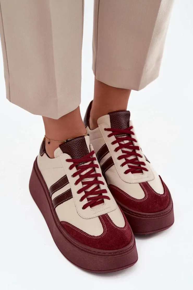 Zazoo Buty Sportowe Na Platformie|Sneakersy Damskie*Skórzane Sneakersy Damskie Na Platformie 3775 Beżowo-Bordowe