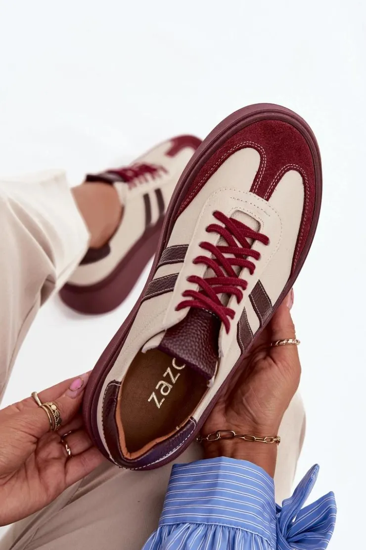 Zazoo Buty Sportowe Na Platformie|Sneakersy Damskie*Skórzane Sneakersy Damskie Na Platformie 3775 Beżowo-Bordowe