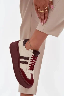 Zazoo Buty Sportowe Na Platformie|Sneakersy Damskie*Skórzane Sneakersy Damskie Na Platformie 3775 Beżowo-Bordowe
