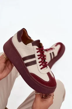 Zazoo Buty Sportowe Na Platformie|Sneakersy Damskie*Skórzane Sneakersy Damskie Na Platformie 3775 Beżowo-Bordowe