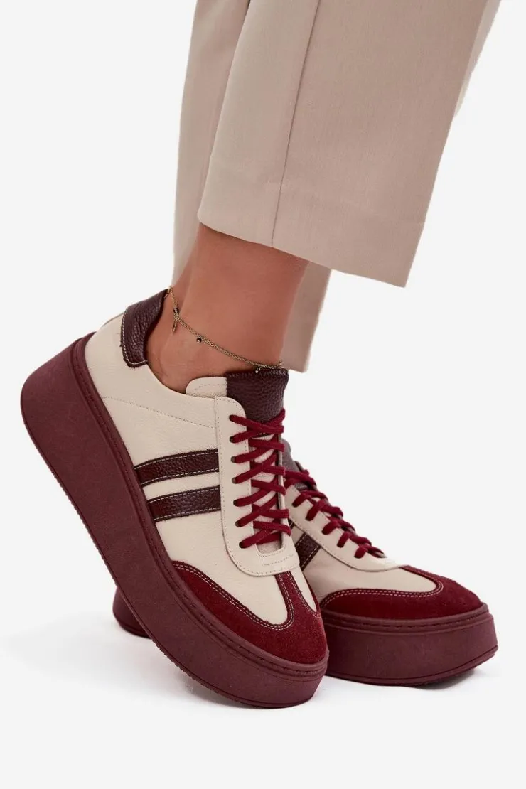 Zazoo Buty Sportowe Na Platformie|Sneakersy Damskie*Skórzane Sneakersy Damskie Na Platformie 3775 Beżowo-Bordowe