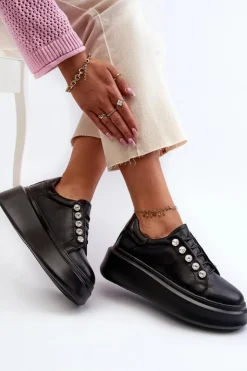 Discount Damskie buty S.Barski Skórzane Sneakersy Damskie Na Masywnej Platformie Czarne S.Barski LR628