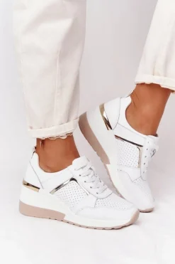 Damskie buty S.Barski Sneakersy Damskie*Skórzane Sneakersy Na Koturnie S.Barski Białe