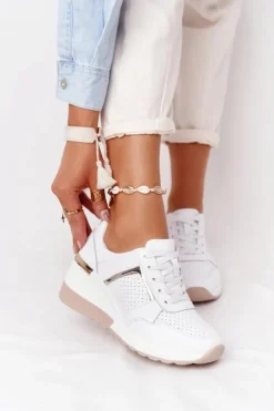 Damskie buty S.Barski Sneakersy Damskie*Skórzane Sneakersy Na Koturnie S.Barski Białe