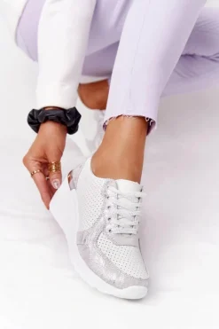 Online Damskie buty S.Barski Skórzane Sneakersy Na Koturnie S.Barski Biało-Srebrne