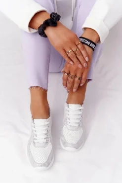 Online Damskie buty S.Barski Skórzane Sneakersy Na Koturnie S.Barski Biało-Srebrne