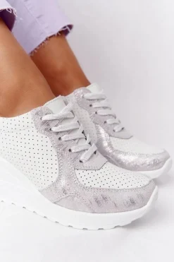 Online Damskie buty S.Barski Skórzane Sneakersy Na Koturnie S.Barski Biało-Srebrne