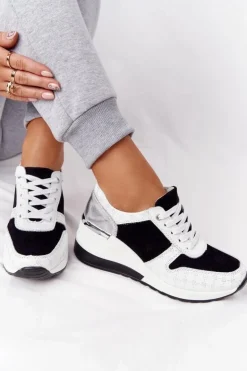 Damskie buty S.Barski Sneakersy Damskie*Skórzane Sneakersy Na Koturnie S.Barski Czarno-Białe