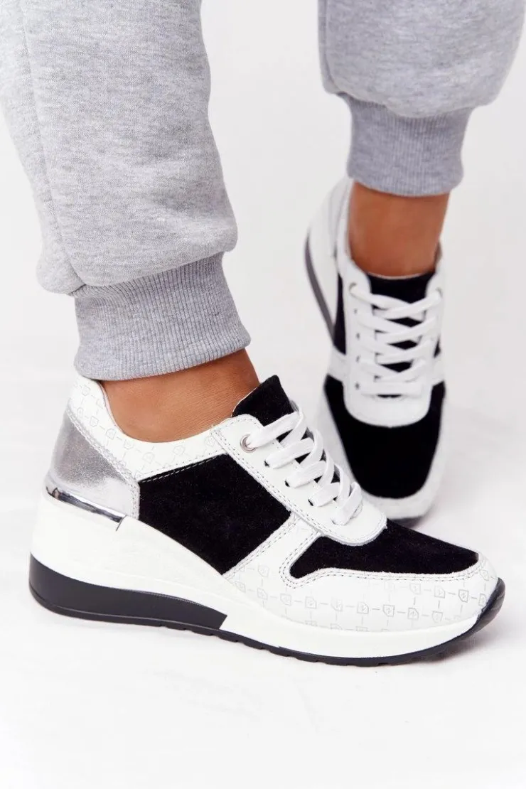 Damskie buty S.Barski Sneakersy Damskie*Skórzane Sneakersy Na Koturnie S.Barski Czarno-Białe