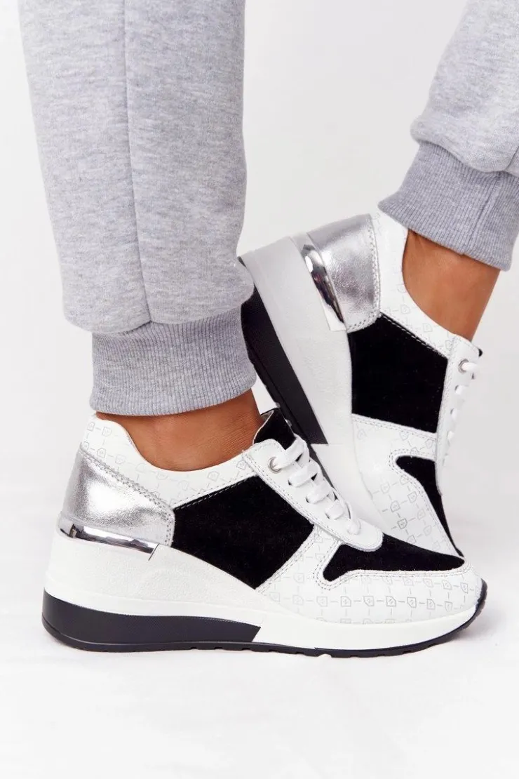 Damskie buty S.Barski Sneakersy Damskie*Skórzane Sneakersy Na Koturnie S.Barski Czarno-Białe