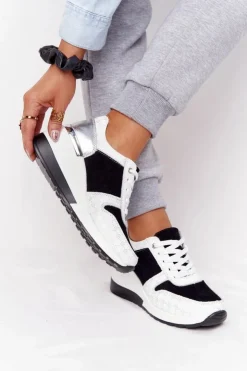 Damskie buty S.Barski Sneakersy Damskie*Skórzane Sneakersy Na Koturnie S.Barski Czarno-Białe