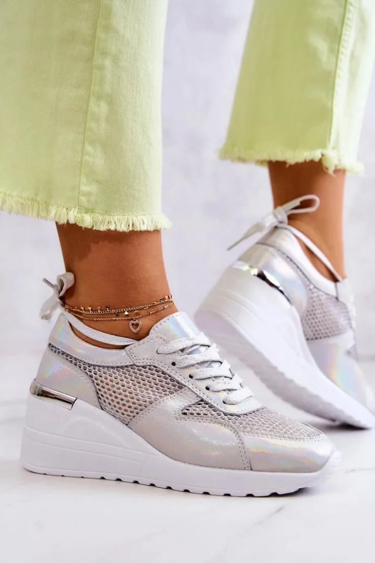 Damskie Damskie buty S.Barski Skórzane Sneakersy Na Koturnie Z Siateczką S.Barski Srebrne