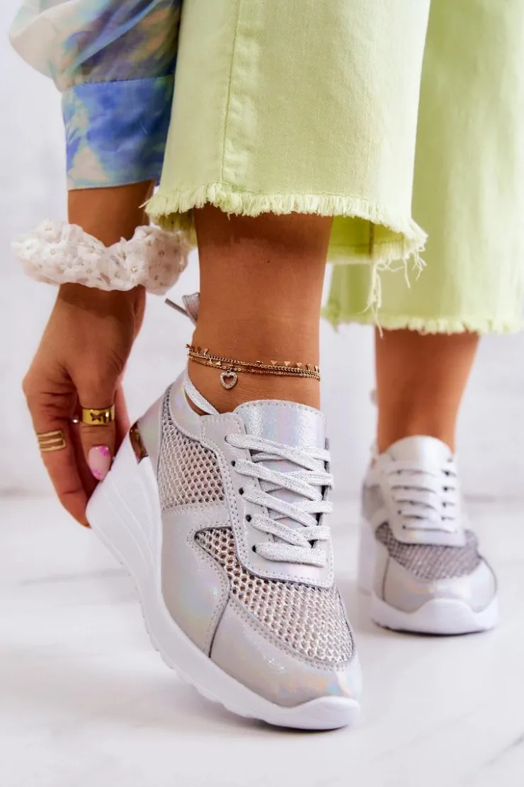 Damskie Damskie buty S.Barski Skórzane Sneakersy Na Koturnie Z Siateczką S.Barski Srebrne