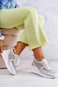 Damskie Damskie buty S.Barski Skórzane Sneakersy Na Koturnie Z Siateczką S.Barski Srebrne