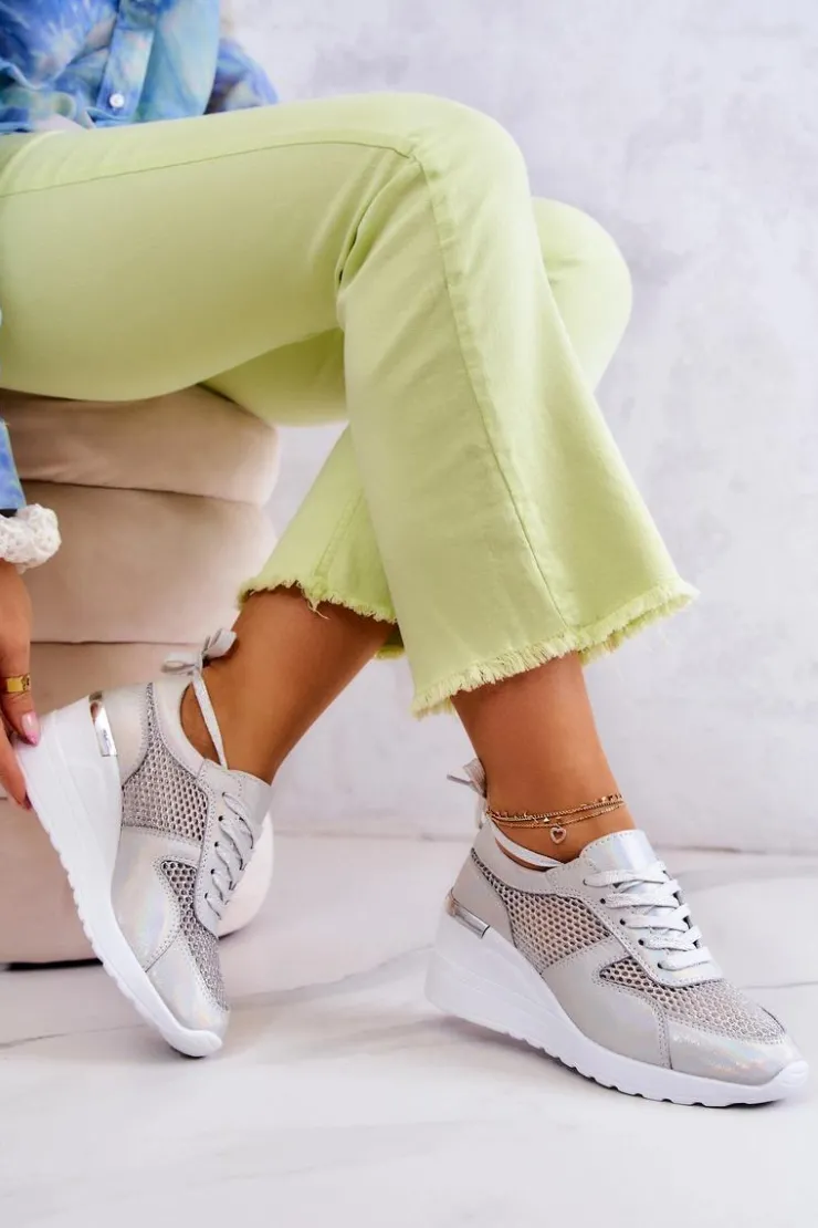 Damskie Damskie buty S.Barski Skórzane Sneakersy Na Koturnie Z Siateczką S.Barski Srebrne