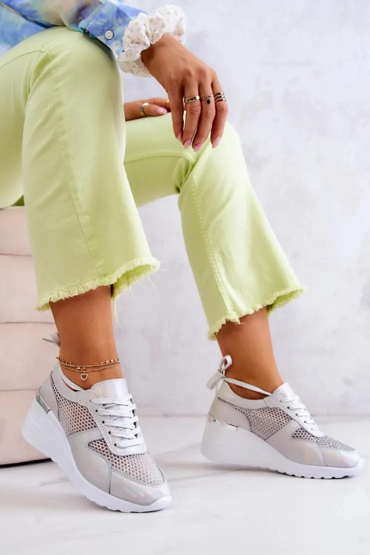 Damskie Damskie buty S.Barski Skórzane Sneakersy Na Koturnie Z Siateczką S.Barski Srebrne