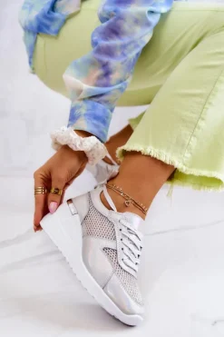 Damskie Damskie buty S.Barski Skórzane Sneakersy Na Koturnie Z Siateczką S.Barski Srebrne