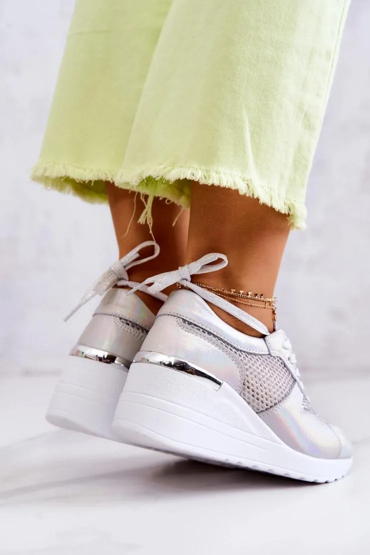 Damskie Damskie buty S.Barski Skórzane Sneakersy Na Koturnie Z Siateczką S.Barski Srebrne