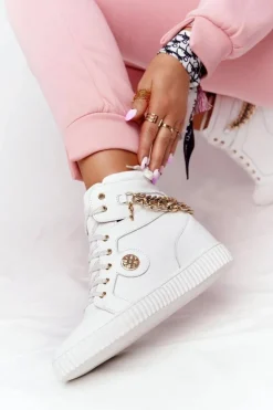 Damskie Boto Skórzane Sneakersy Na Koturnie Lewski Shoes 3004-0 Białe