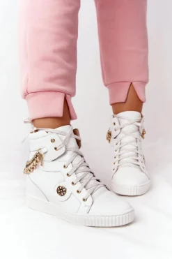 Damskie Boto Skórzane Sneakersy Na Koturnie Lewski Shoes 3004-0 Białe