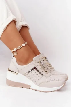 Discount Damskie buty S.Barski Skórzane Sneakersy Na Koturnie S.Barski Beżowe