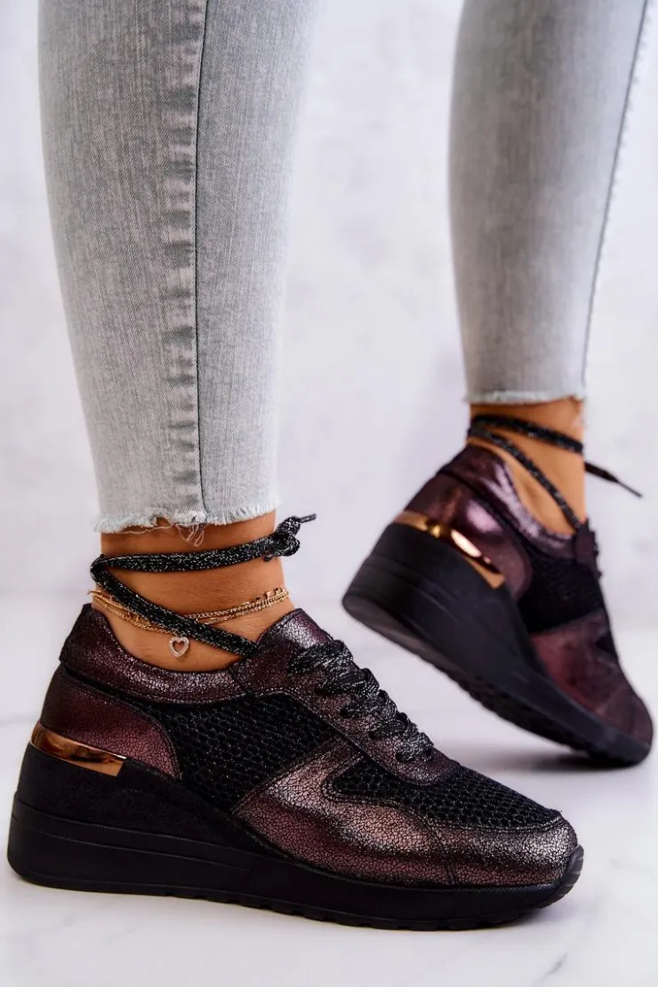 Damskie buty S.Barski Sneakersy Damskie*Skórzane Sneakersy Na Koturnie Z Siateczką S.Barski Czarne