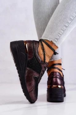 Damskie buty S.Barski Sneakersy Damskie*Skórzane Sneakersy Na Koturnie Z Siateczką S.Barski Czarne