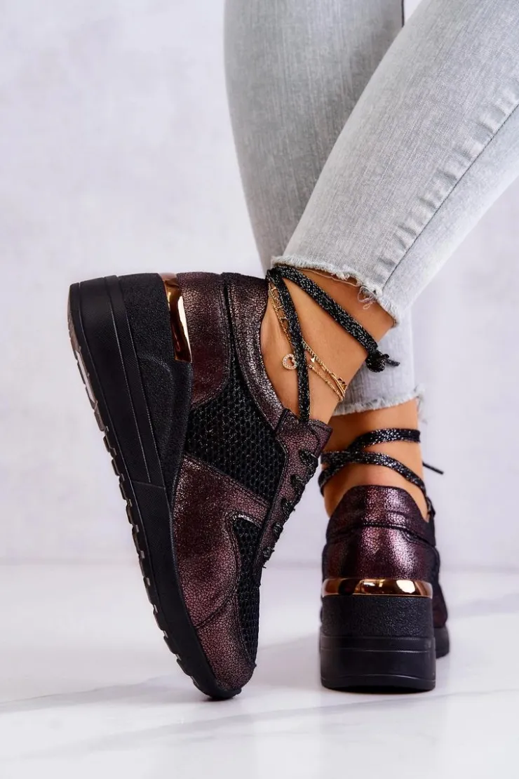 Damskie buty S.Barski Sneakersy Damskie*Skórzane Sneakersy Na Koturnie Z Siateczką S.Barski Czarne