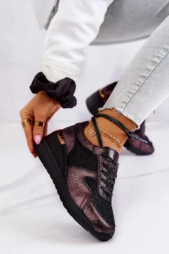 Damskie buty S.Barski Sneakersy Damskie*Skórzane Sneakersy Na Koturnie Z Siateczką S.Barski Czarne