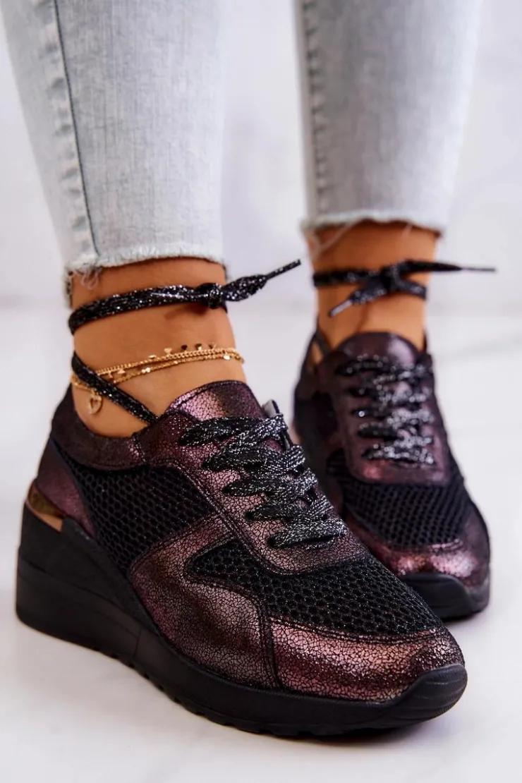 Damskie buty S.Barski Sneakersy Damskie*Skórzane Sneakersy Na Koturnie Z Siateczką S.Barski Czarne