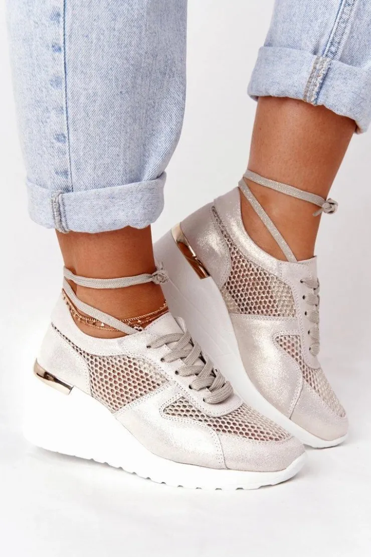 Sale Damskie buty S.Barski Skórzane Sneakersy Na Koturnie Z Siateczką S.Barski Złote