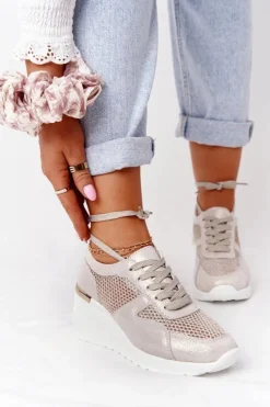 Sale Damskie buty S.Barski Skórzane Sneakersy Na Koturnie Z Siateczką S.Barski Złote