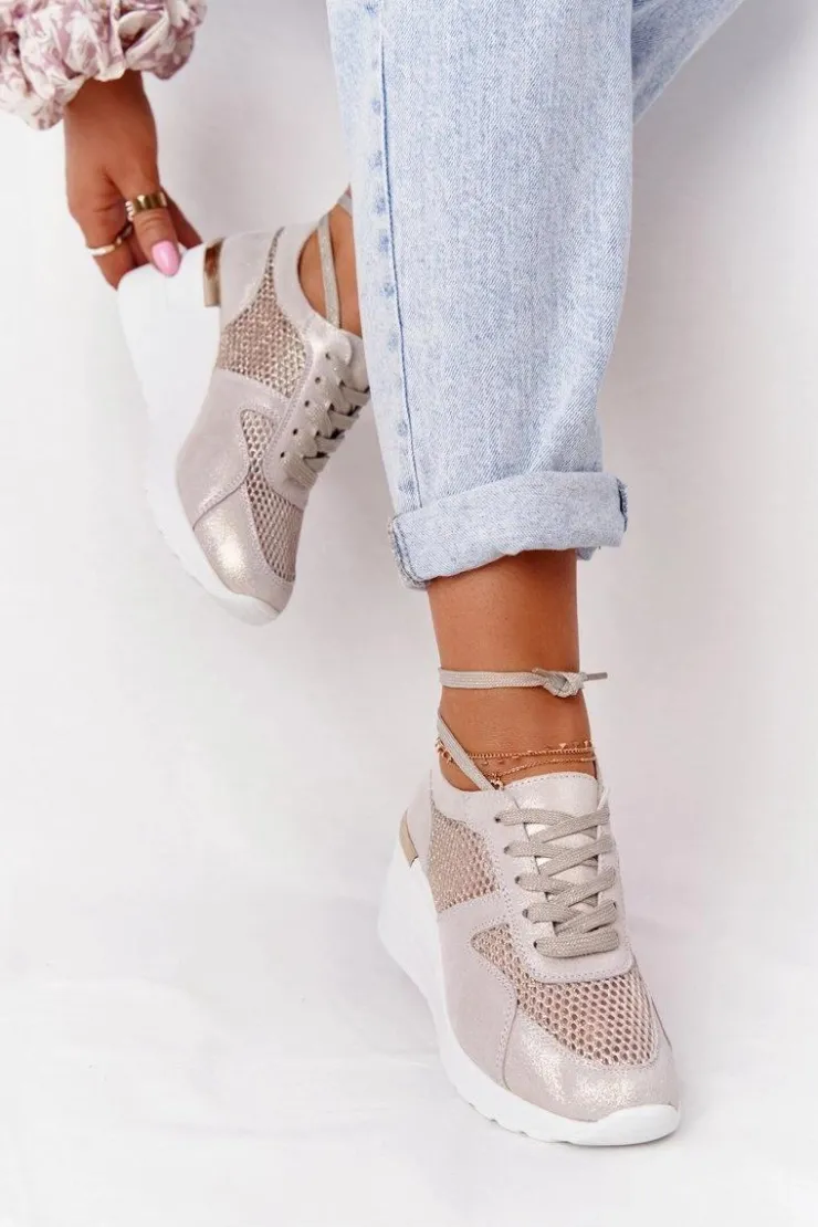 Sale Damskie buty S.Barski Skórzane Sneakersy Na Koturnie Z Siateczką S.Barski Złote