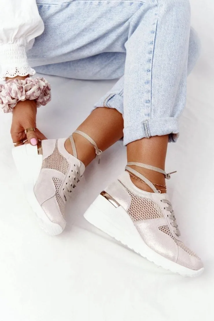 Sale Damskie buty S.Barski Skórzane Sneakersy Na Koturnie Z Siateczką S.Barski Złote