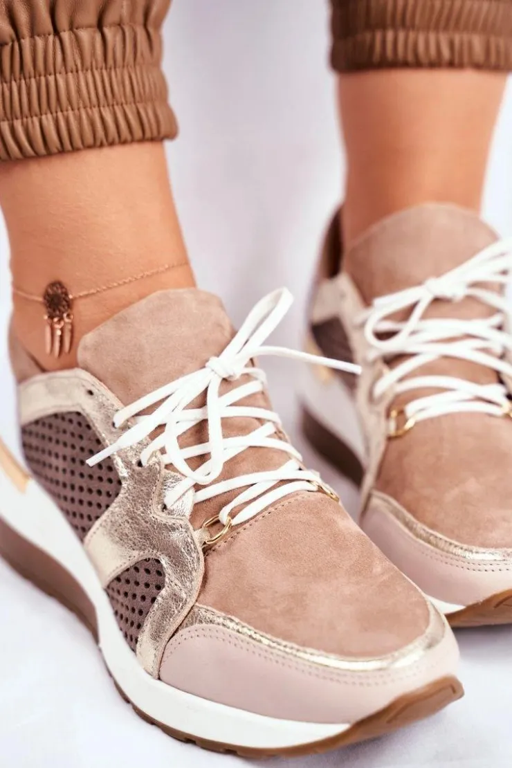 Boto Sneakersy Damskie*Skórzane Sneakersy Na Koturnie Beżowe Nicole 2562