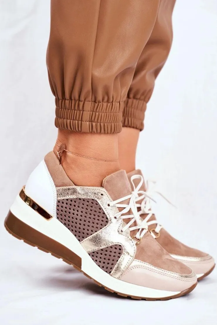 Boto Sneakersy Damskie*Skórzane Sneakersy Na Koturnie Beżowe Nicole 2562