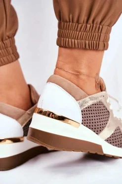 Boto Sneakersy Damskie*Skórzane Sneakersy Na Koturnie Beżowe Nicole 2562