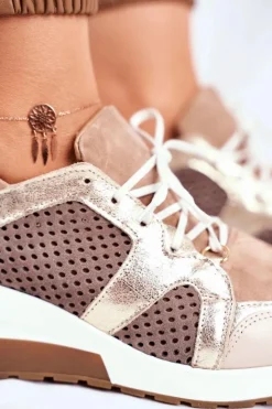 Boto Sneakersy Damskie*Skórzane Sneakersy Na Koturnie Beżowe Nicole 2562