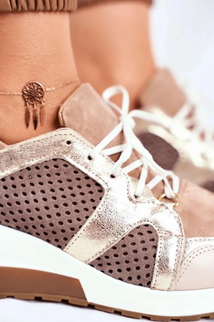 Boto Sneakersy Damskie*Skórzane Sneakersy Na Koturnie Beżowe Nicole 2562