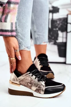 Damskie Boto Skórzane Sneakersy Na Koturnie Złote Nicole 2465