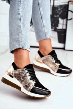 Damskie Boto Skórzane Sneakersy Na Koturnie Złote Nicole 2465