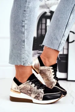 Damskie Boto Skórzane Sneakersy Na Koturnie Złote Nicole 2465